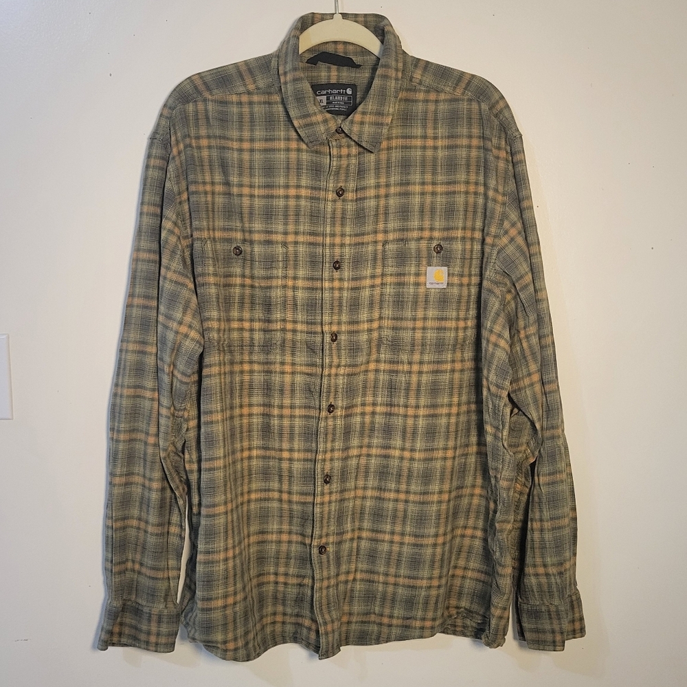 Carhartt (Men's XL) Relaxed Fit Olive Plaid Button Down Flannel Shirt